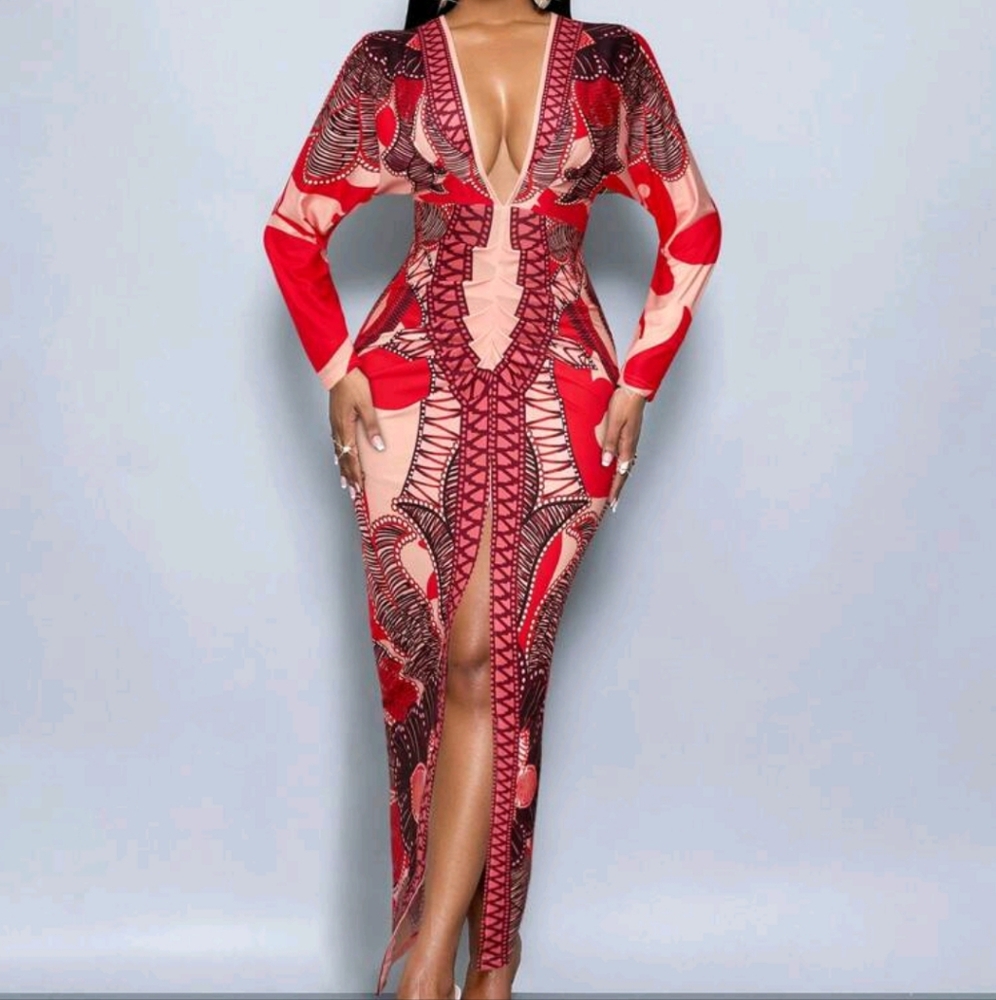 Women's Chain Print Split Thigh Bodycon Dress, Deep V-Neck, Sexy High